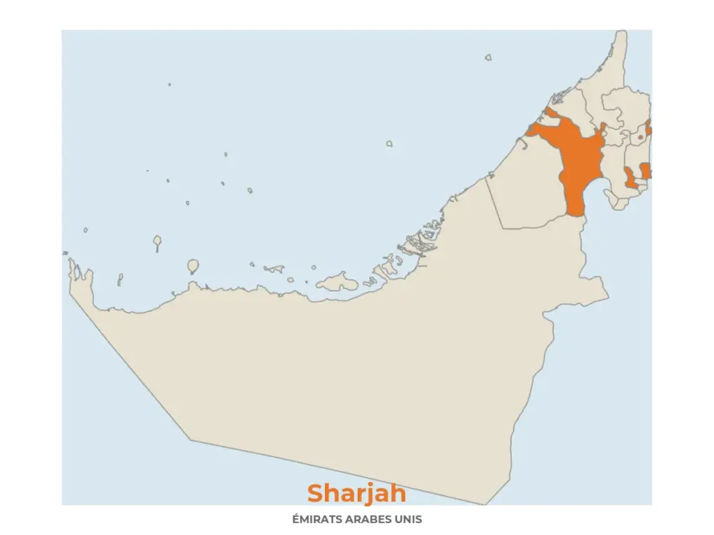 carte-sharjah-uae Carte de Sharjah situant l'émirat aux Émirats Arabes Unis