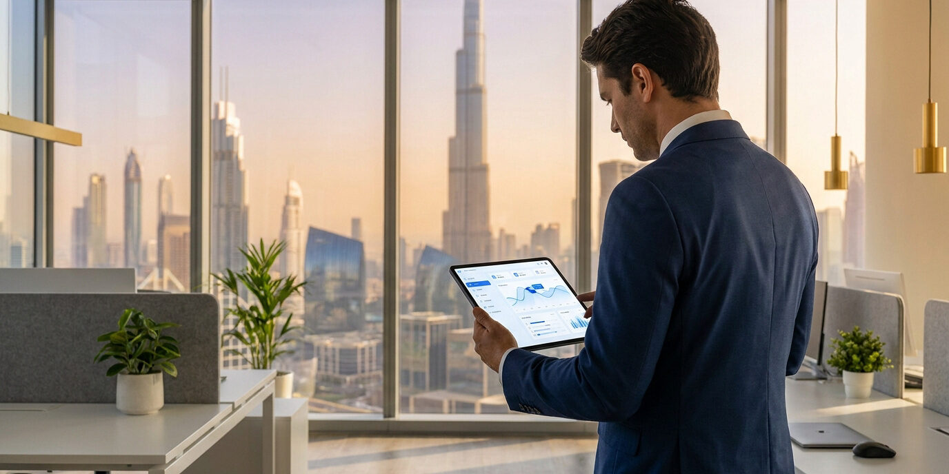 Recrutement à Dubaï : Gestion et vision stratégique Un homme d'affaires en costume utilisant une tablette avec des graphiques devant la vue panoramique de Dubaï.