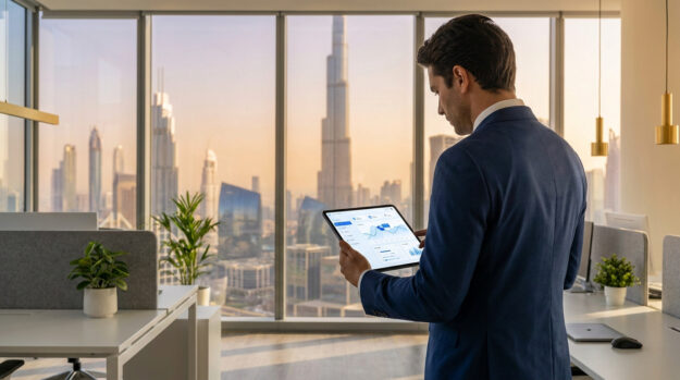 Un homme d'affaires en costume utilisant une tablette avec des graphiques devant la vue panoramique de Dubaï.
