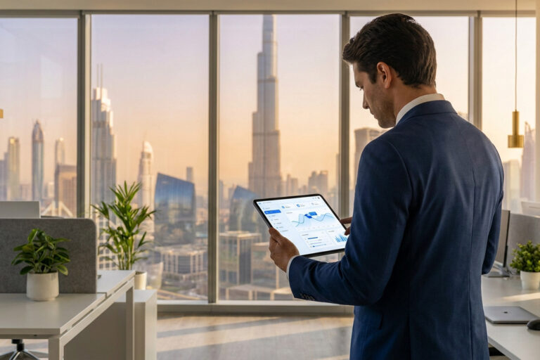 Un homme d'affaires en costume utilisant une tablette avec des graphiques devant la vue panoramique de Dubaï.