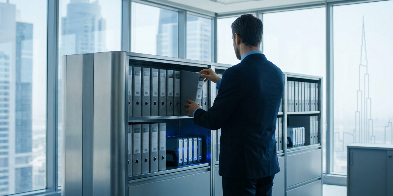 Archivage de documents comptables à Dubaï Un homme d'affaires range un classeur dans une étagère de bureau avec vue sur les gratte-ciel de Dubaï.