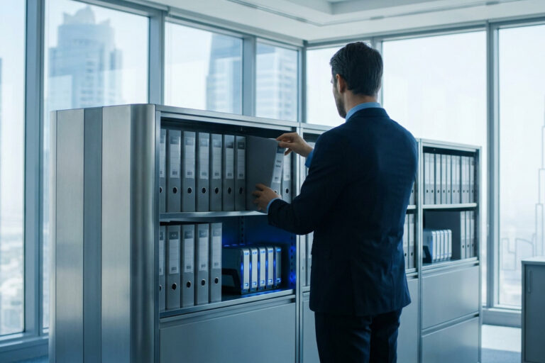 Un homme d'affaires range un classeur dans une étagère de bureau avec vue sur les gratte-ciel de Dubaï.