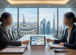Deux professionnels analysent un graphique sur tablette devant une vue panoramique combinant Paris et Dubaï.