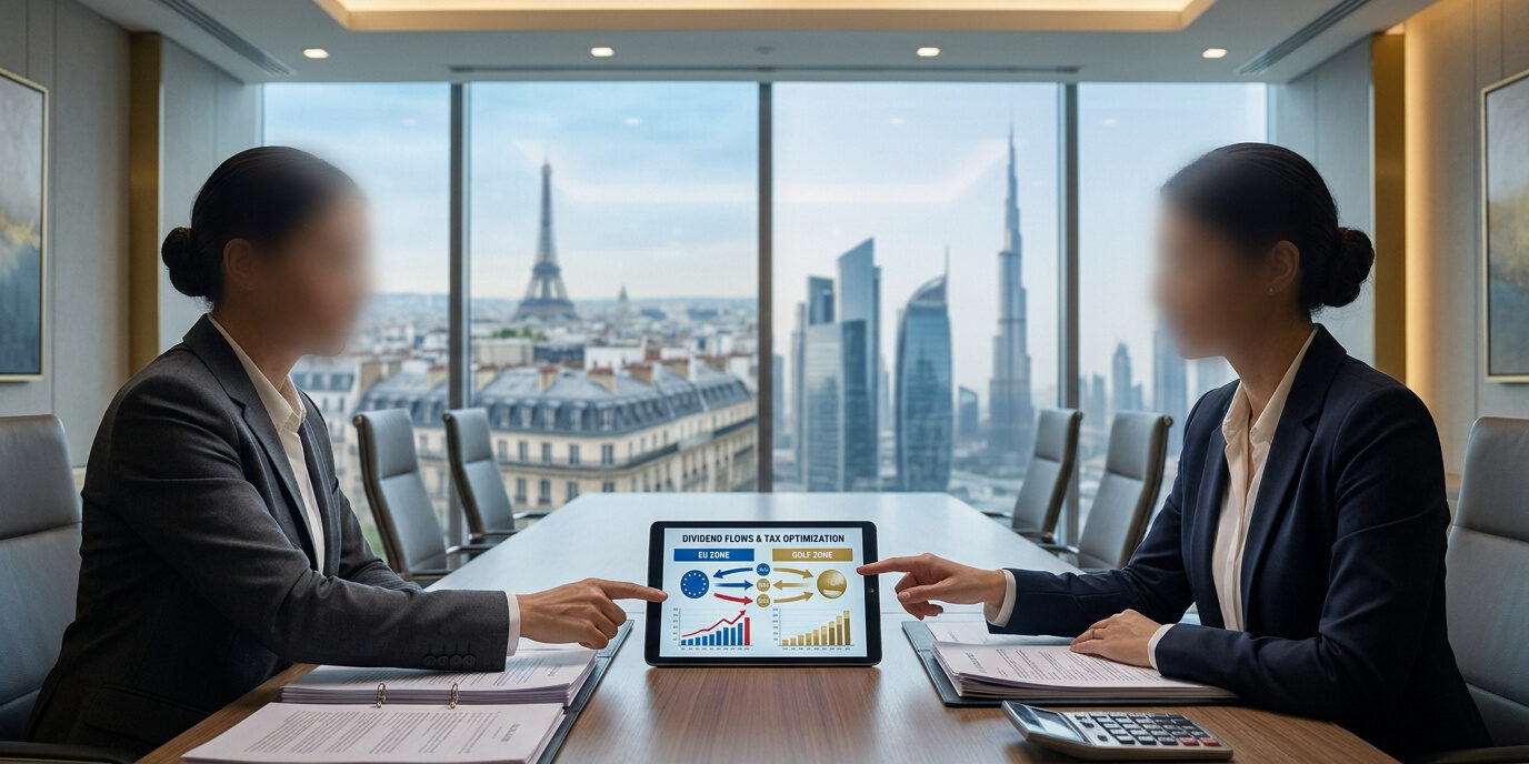 Fiscalité des dividendes : France et Émirats Deux professionnels analysent un graphique sur tablette devant une vue panoramique combinant Paris et Dubaï.