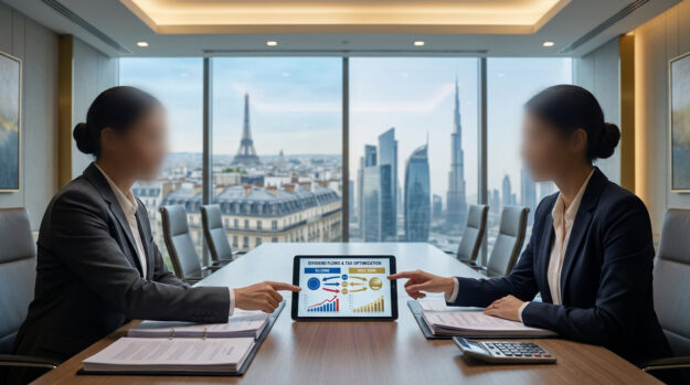 Deux professionnels analysent un graphique sur tablette devant une vue panoramique combinant Paris et Dubaï.