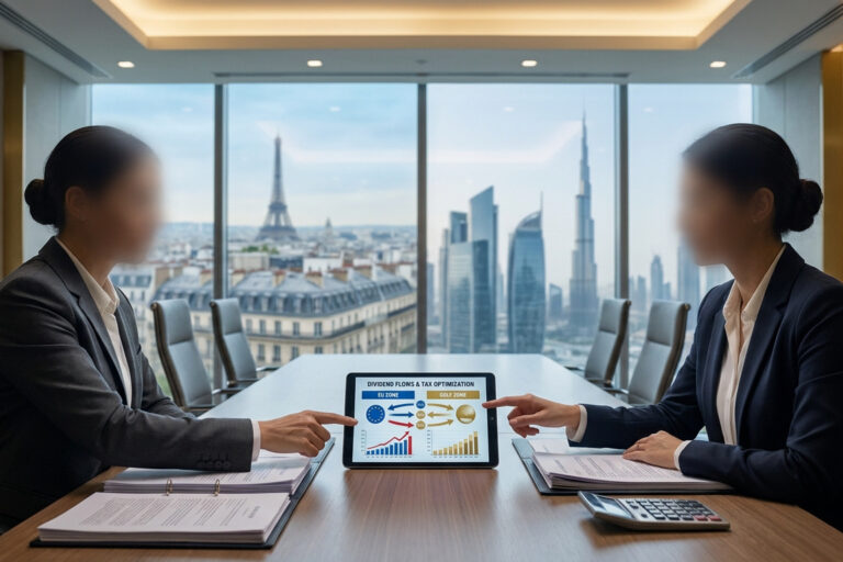 Deux professionnels analysent un graphique sur tablette devant une vue panoramique combinant Paris et Dubaï.