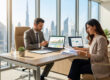 Un homme et une femme en tenue professionnelle analysent des données financières sur des tablettes avec Dubaï en arrière-plan.