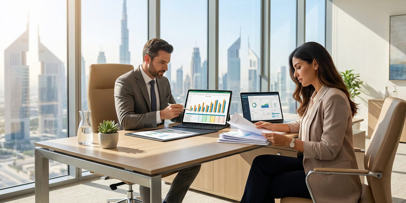 Un homme et une femme en tenue professionnelle analysent des données financières sur des tablettes avec Dubaï en arrière-plan.