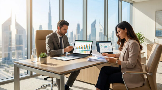 Un homme et une femme en tenue professionnelle analysent des données financières sur des tablettes avec Dubaï en arrière-plan.