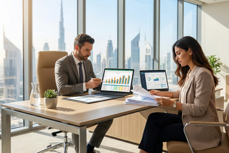 Un homme et une femme en tenue professionnelle analysent des données financières sur des tablettes avec Dubaï en arrière-plan.
