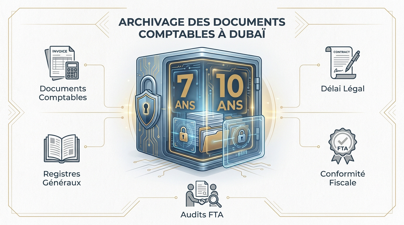 Tableau récapitulatif des durées légales d'archivage comptable à Dubaï : 7 ans pour le fiscal et 10 ans pour les registres généraux