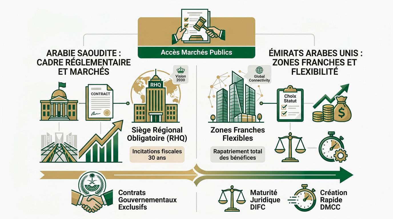 Comparaison réglementaire entre l'Arabie Saoudite et les Émirats arabes unis pour l'implantation de sièges