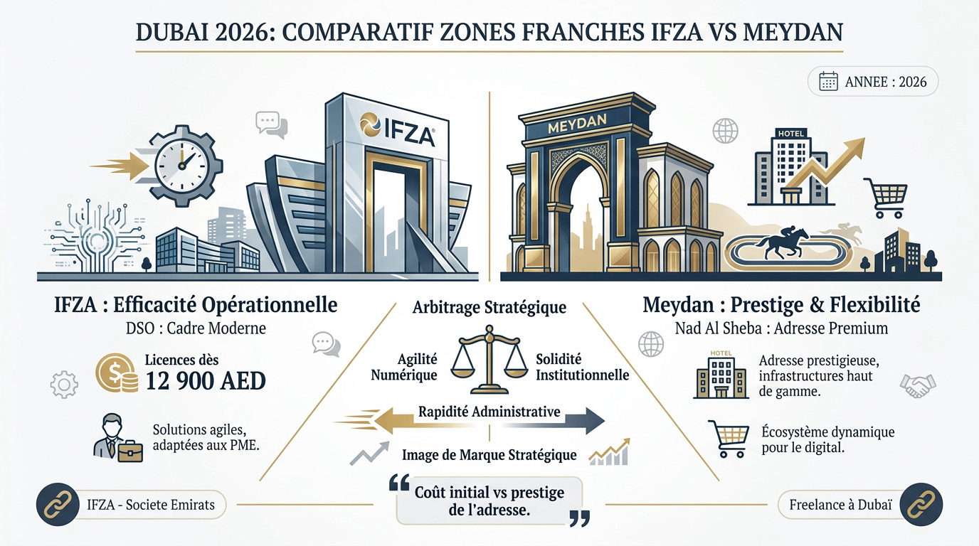 Comparatif des zones franches IFZA et Meydan à Dubaï pour 2026
