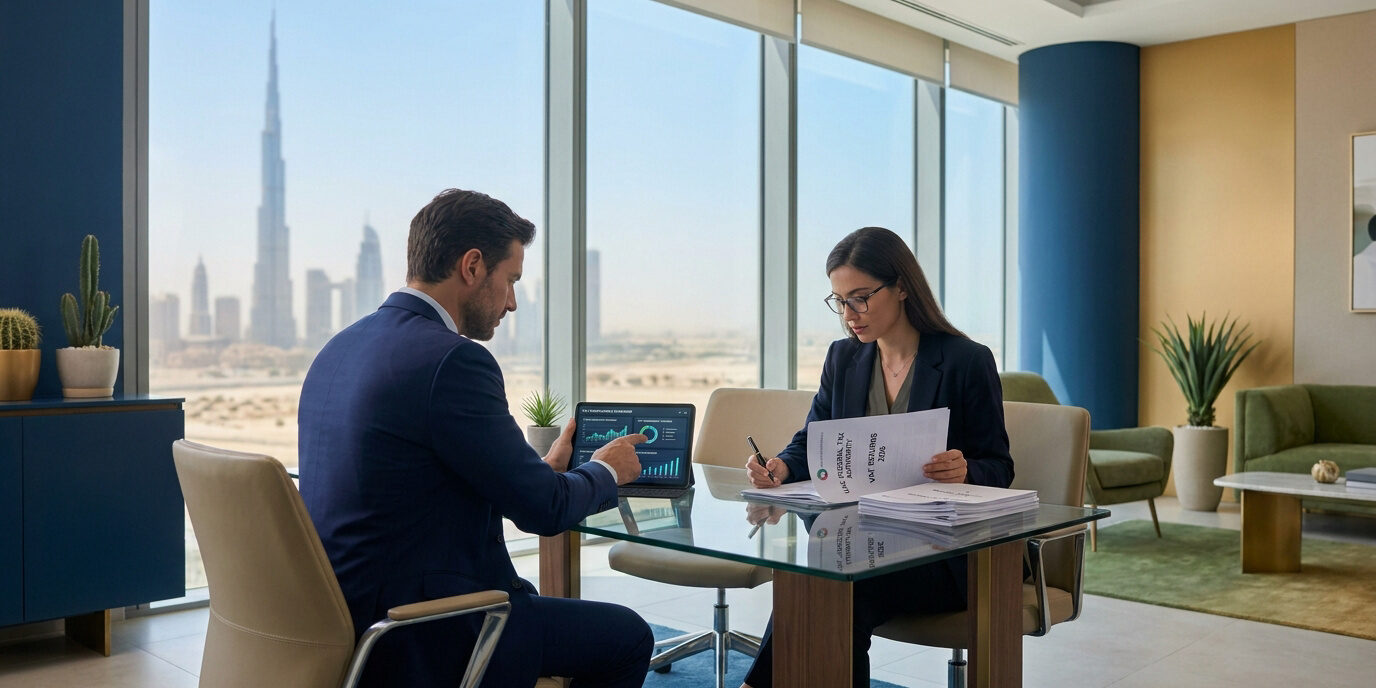 Conformité TVA aux Émirats Arabes Unis Un homme et une femme d'affaires examinant des documents financiers dans un bureau avec vue sur Dubaï.