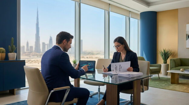 Un homme et une femme d'affaires examinant des documents financiers dans un bureau avec vue sur Dubaï.