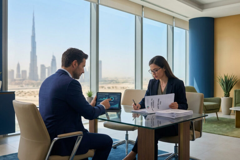 Un homme et une femme d'affaires examinant des documents financiers dans un bureau avec vue sur Dubaï.