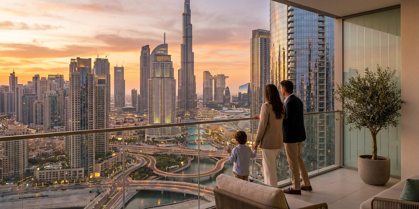 Une famille observant le panorama urbain de Dubaï depuis un balcon luxueux au coucher du soleil.