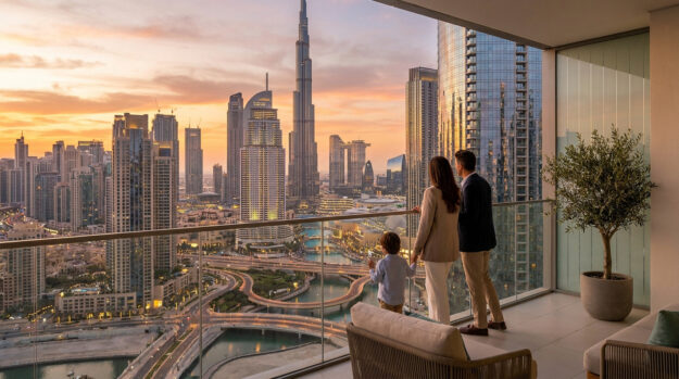Une famille observant le panorama urbain de Dubaï depuis un balcon luxueux au coucher du soleil.