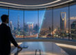 Un homme d'affaires regarde un panorama numérique juxtaposant les skylines de Dubaï et de Riyad depuis un bureau moderne.