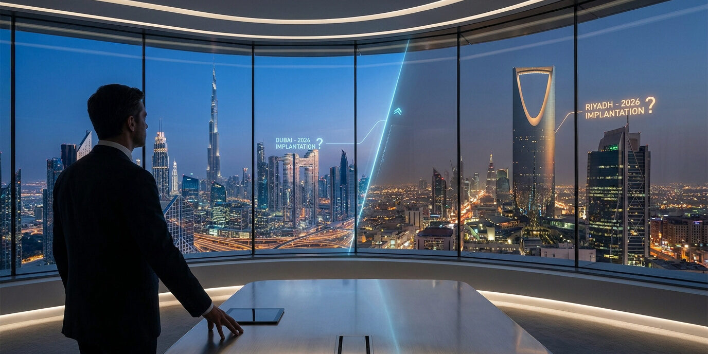 Dubaï ou Riyad : quel siège régional choisir en 2026 ? Un homme d'affaires regarde un panorama numérique juxtaposant les skylines de Dubaï et de Riyad depuis un bureau moderne.