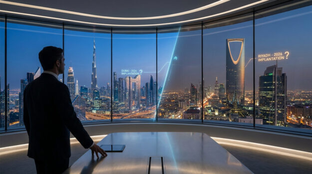 Un homme d'affaires regarde un panorama numérique juxtaposant les skylines de Dubaï et de Riyad depuis un bureau moderne.