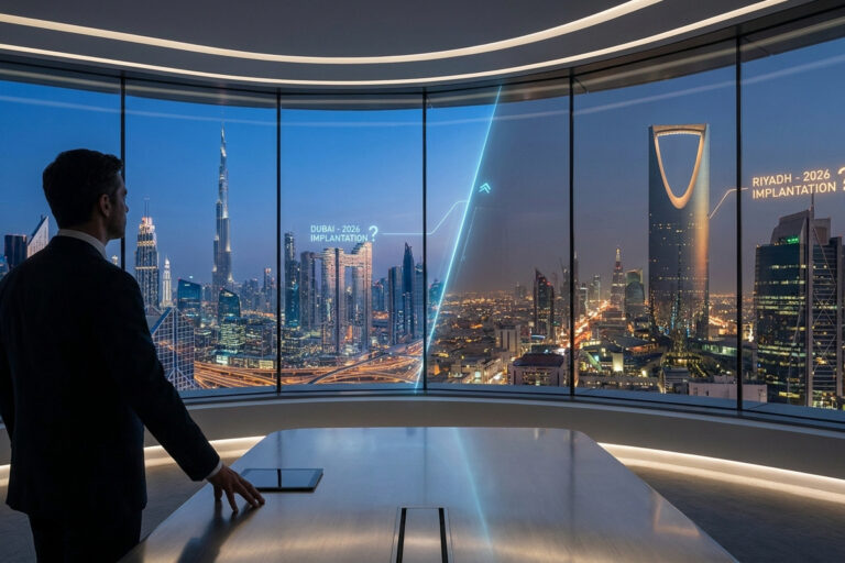 Un homme d'affaires regarde un panorama numérique juxtaposant les skylines de Dubaï et de Riyad depuis un bureau moderne.