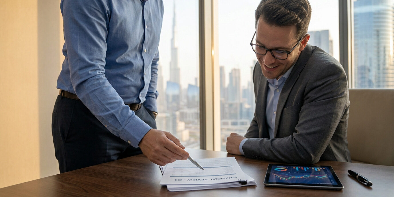 Liquidation d’entreprise : conseil professionnel à Dubaï Deux hommes d'affaires analysent des documents financiers devant une vue panoramique sur la skyline de Dubaï.