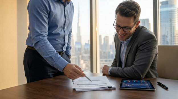 Deux hommes d'affaires analysent des documents financiers devant une vue panoramique sur la skyline de Dubaï.