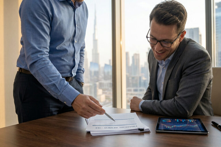 Deux hommes d'affaires analysent des documents financiers devant une vue panoramique sur la skyline de Dubaï.