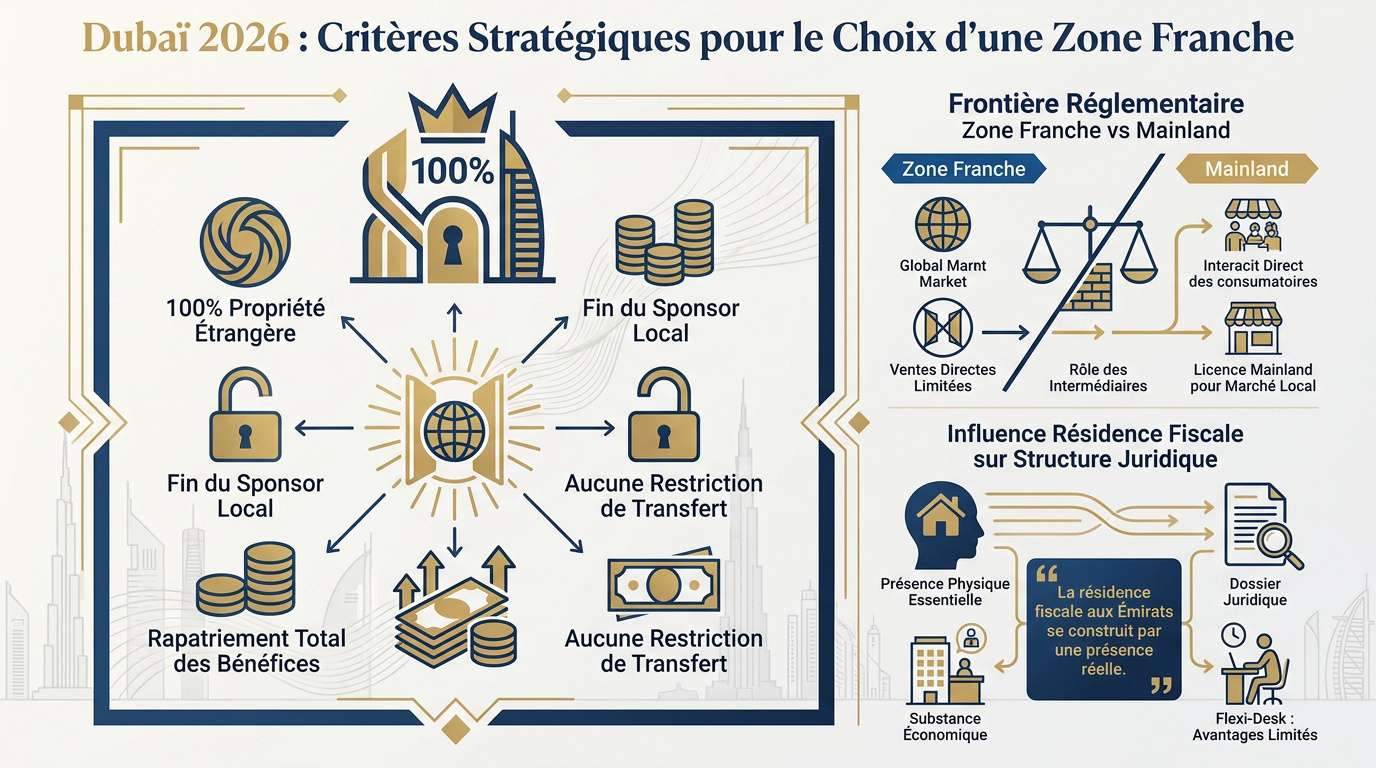 Entrepreneurs analysant les critères de choix d'une zone franche à Dubaï en 2026