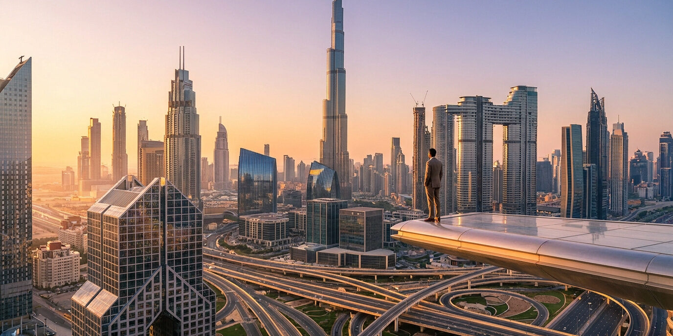 Investir à Dubaï : Fiscalité et Immobilier en 2026 Un homme d'affaires regarde le panorama urbain de Dubaï au coucher du soleil depuis une plateforme surplombant la ville.