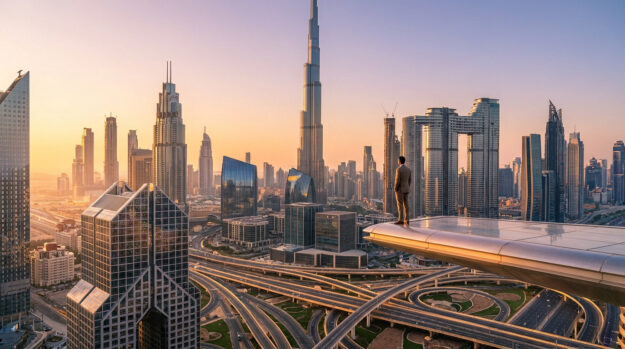 Un homme d'affaires regarde le panorama urbain de Dubaï au coucher du soleil depuis une plateforme surplombant la ville.