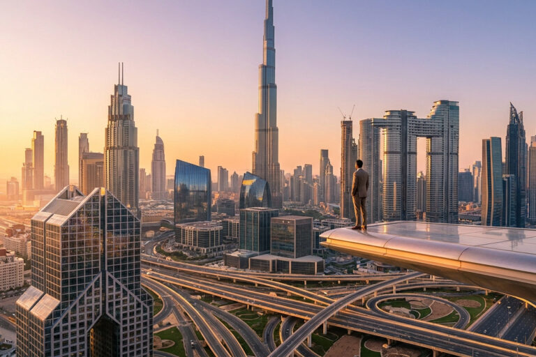 Un homme d'affaires regarde le panorama urbain de Dubaï au coucher du soleil depuis une plateforme surplombant la ville.