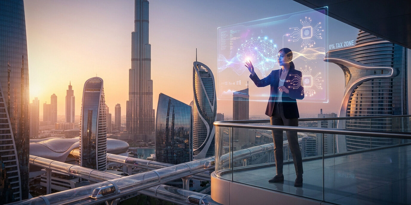 Une femme d'affaires interagit avec une interface holographique futuriste devant la skyline de Dubaï au coucher du soleil.