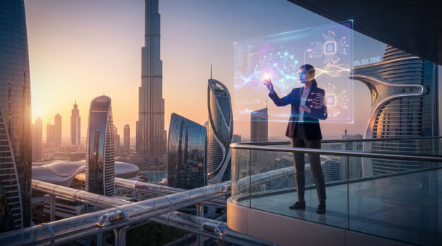 Une femme d'affaires interagit avec une interface holographique futuriste devant la skyline de Dubaï au coucher du soleil.
