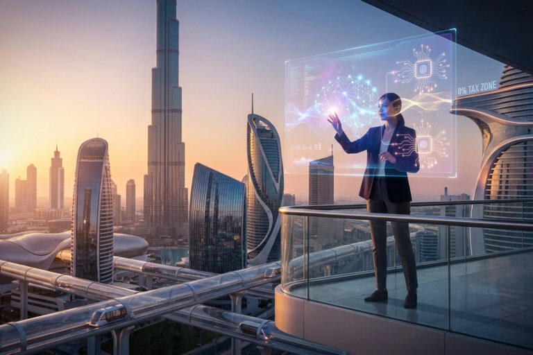 Une femme d'affaires interagit avec une interface holographique futuriste devant la skyline de Dubaï au coucher du soleil.