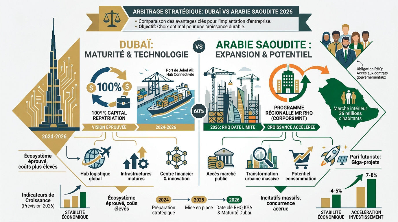 Comparaison stratégique Dubaï ou Riyad : où implanter votre siège régional en 2026 ?