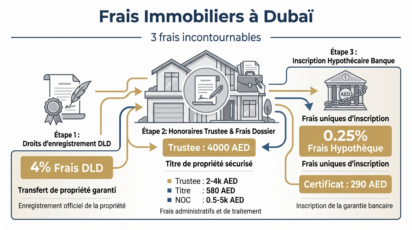 Tableau récapitulatif des frais d'acquisition immobilière à Dubaï incluant DLD et Trustee
