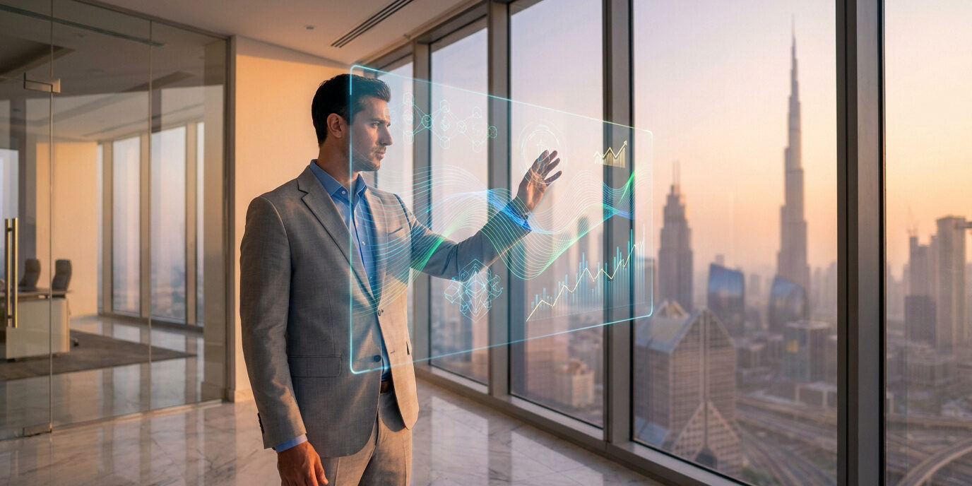 Un homme d'affaires en costume interagit avec une interface holographique devant une vue panoramique sur Dubaï au coucher.