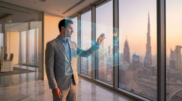 Un homme d'affaires en costume interagit avec une interface holographique devant une vue panoramique sur Dubaï au coucher.