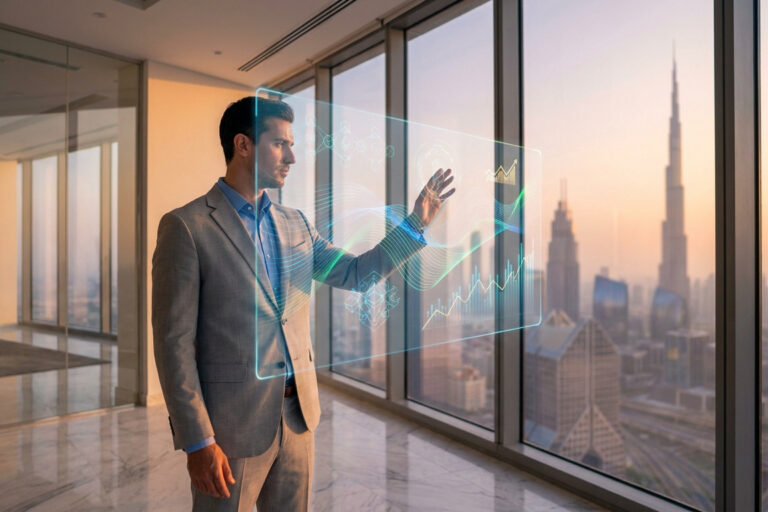 Un homme d'affaires en costume interagit avec une interface holographique devant une vue panoramique sur Dubaï au coucher.