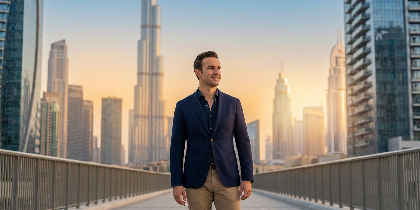 Un entrepreneur en costume devant la skyline de Dubaï au coucher du soleil.