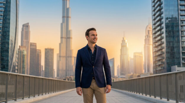 Un entrepreneur en costume devant la skyline de Dubaï au coucher du soleil.