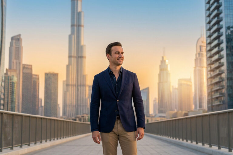Un entrepreneur en costume devant la skyline de Dubaï au coucher du soleil.