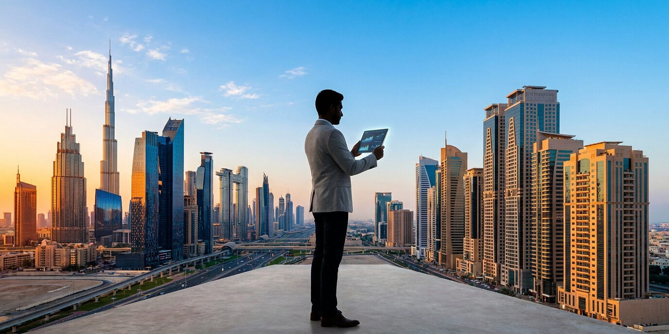 Choisir Sharjah ou Dubaï pour votre entreprise Un homme d'affaires consulte une tablette face à la ligne d'horizon de Dubaï au coucher du soleil.