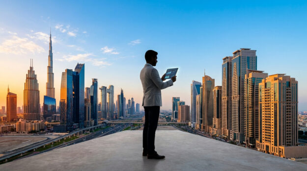 Un homme d'affaires consulte une tablette face à la ligne d'horizon de Dubaï au coucher du soleil.