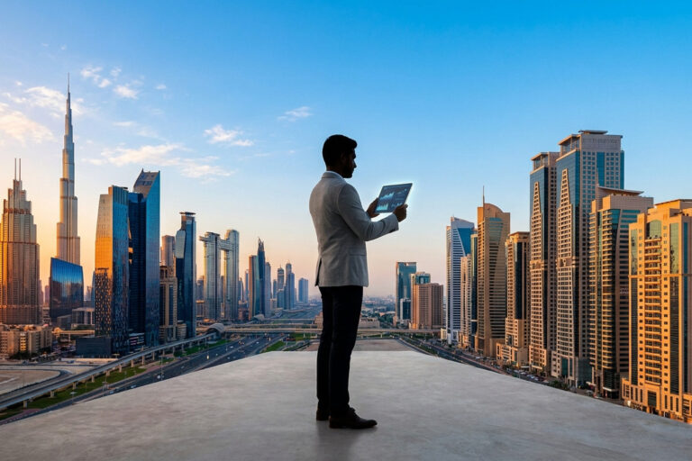 Un homme d'affaires consulte une tablette face à la ligne d'horizon de Dubaï au coucher du soleil.