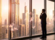 Un homme d'affaires en costume contemple la skyline de Dubaï au coucher du soleil avec des graphiques numériques.
