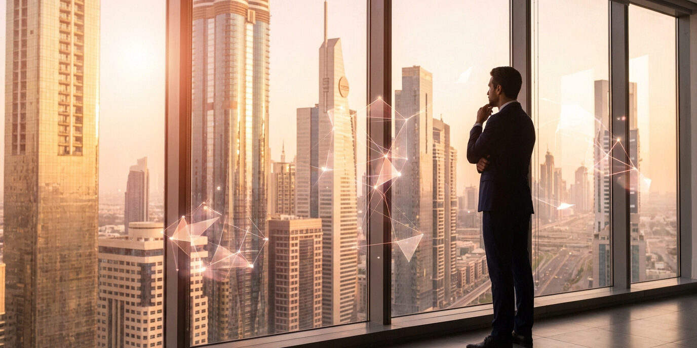 Stratégie économique et business aux Emirats Un homme d'affaires en costume contemple la skyline de Dubaï au coucher du soleil avec des graphiques numériques.