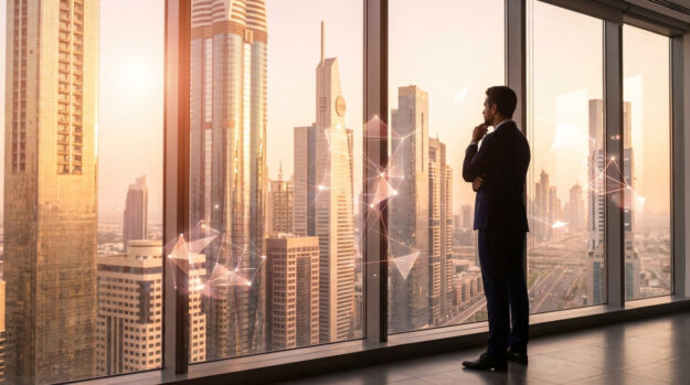 Un homme d'affaires en costume contemple la skyline de Dubaï au coucher du soleil avec des graphiques numériques.